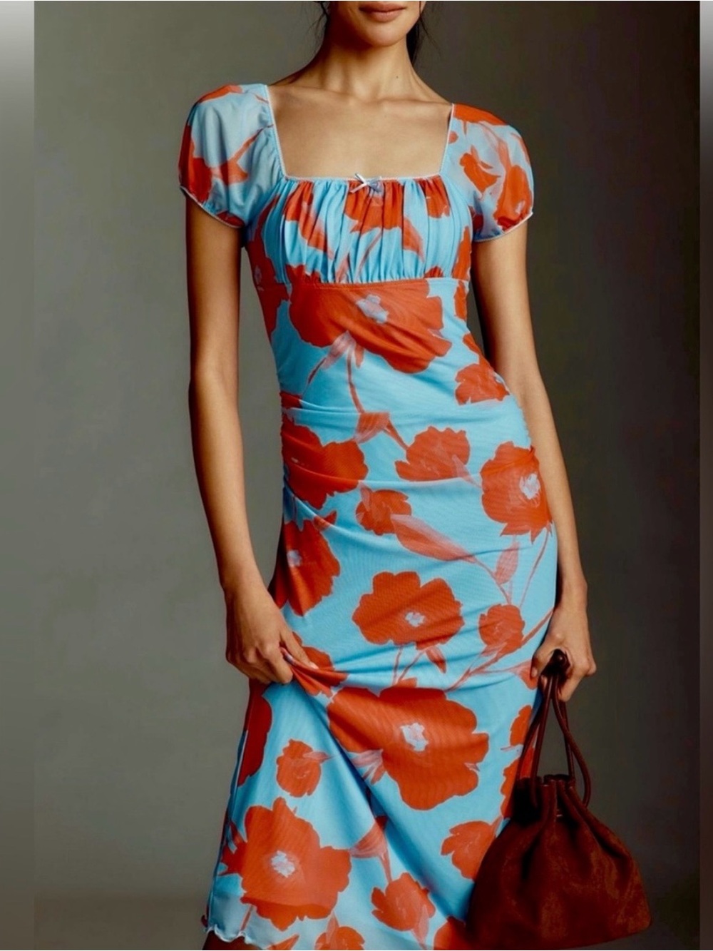 NWT Maeve Square-Neck Mesh Maxi Dress in Blue with Orange Floral Print